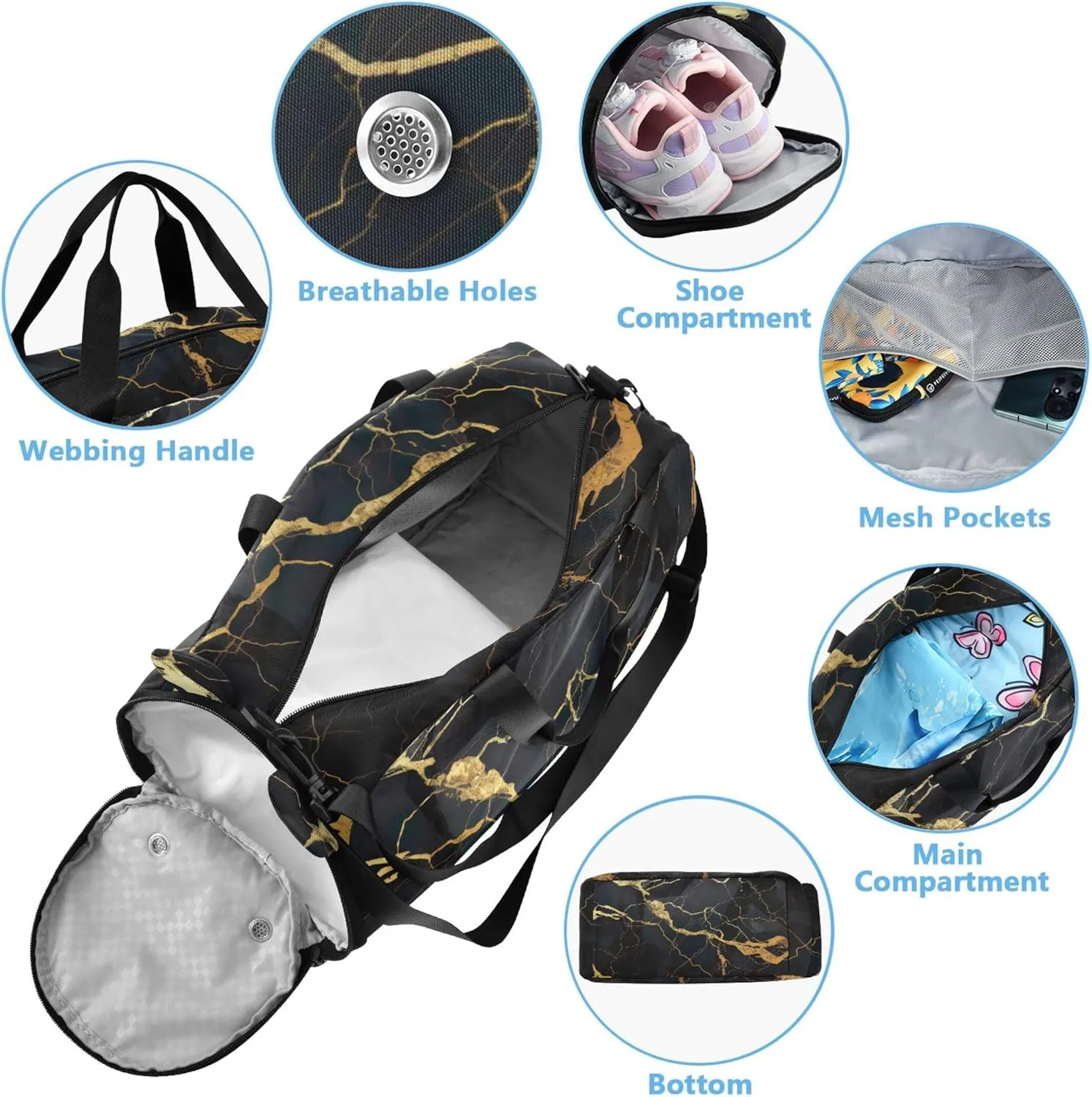 Carry on Duffel Bag Boy Black and Gold Marble Weekender Overnight Girls Duffle Bags for Travel Kids Dance Duffle