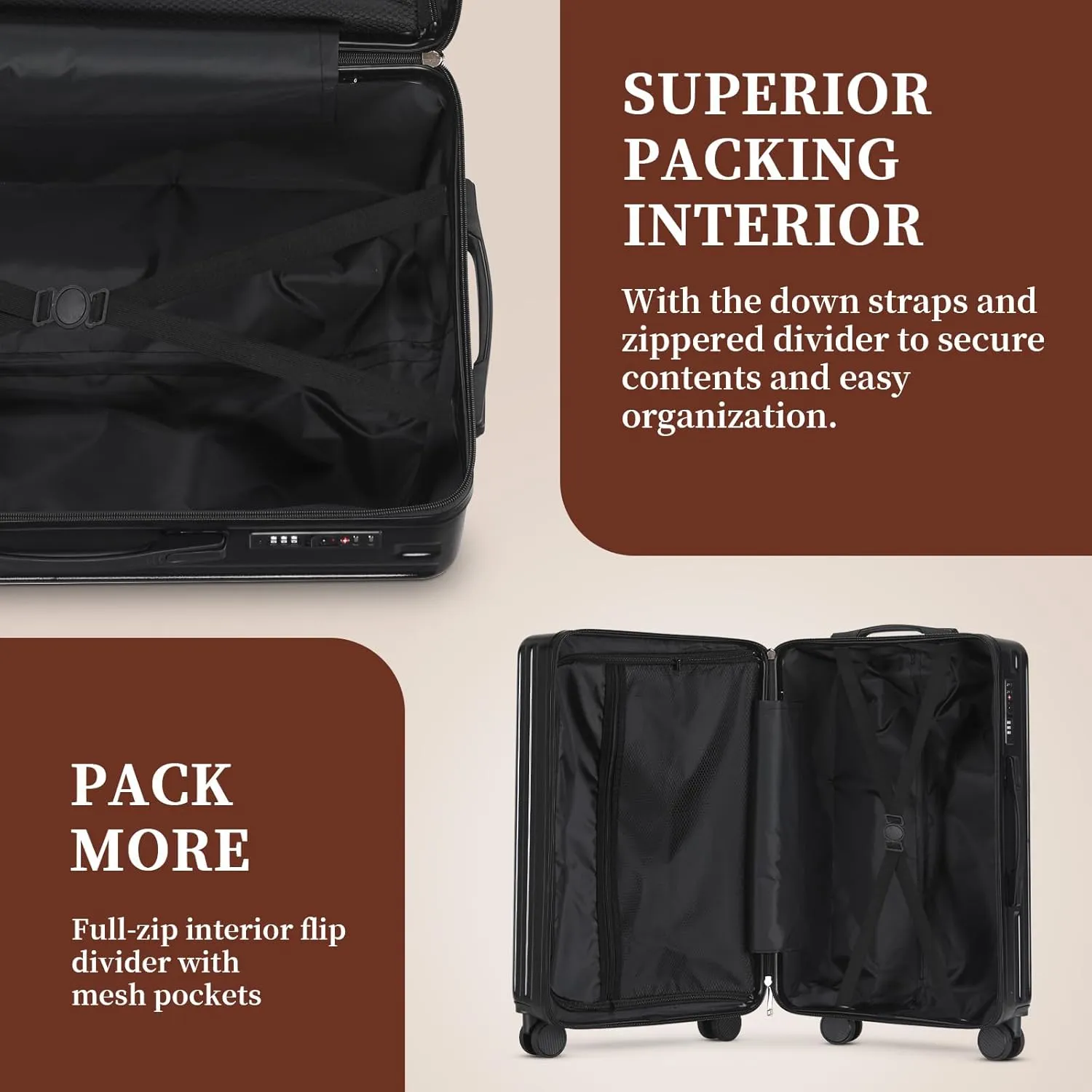 Carry on Luggage 22x14x9 Airline Approved Carry On Luggage Set,Hardside Luggage with Spinner Wheels TSA Lock PC Material (Black)
