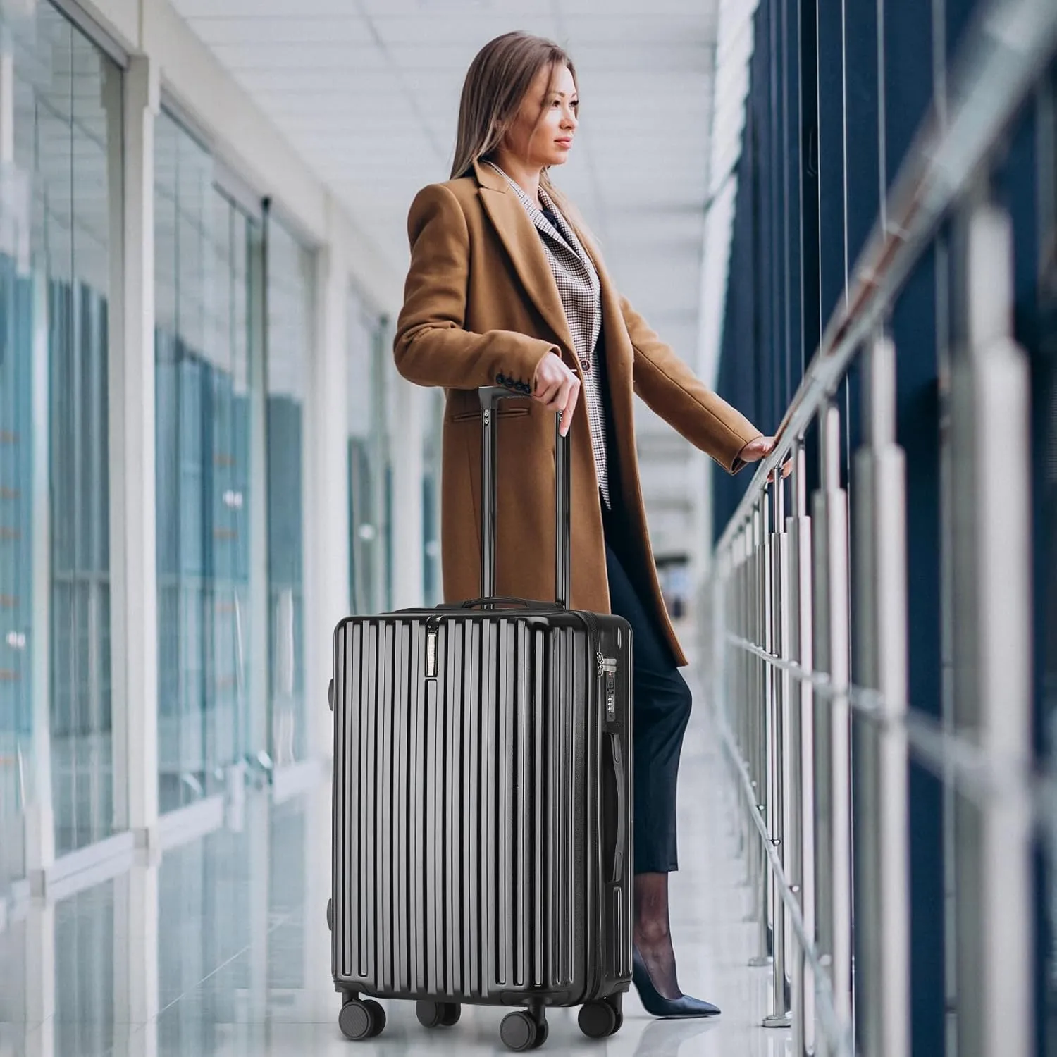 Carry on Luggage 22x14x9 Airline Approved Carry On Luggage Set,Hardside Luggage with Spinner Wheels TSA Lock PC Material (Black)