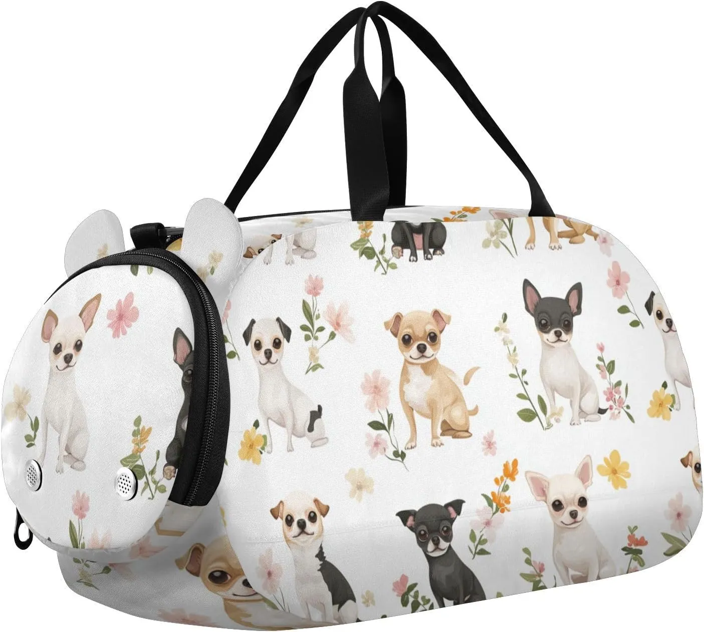 Cartoon Chihuahua Dogs White Kids Duffel Bag with Shoes Compartment Multifunctional Weekender Overnight Bags for Travel, Swimming, Dance, Ballet