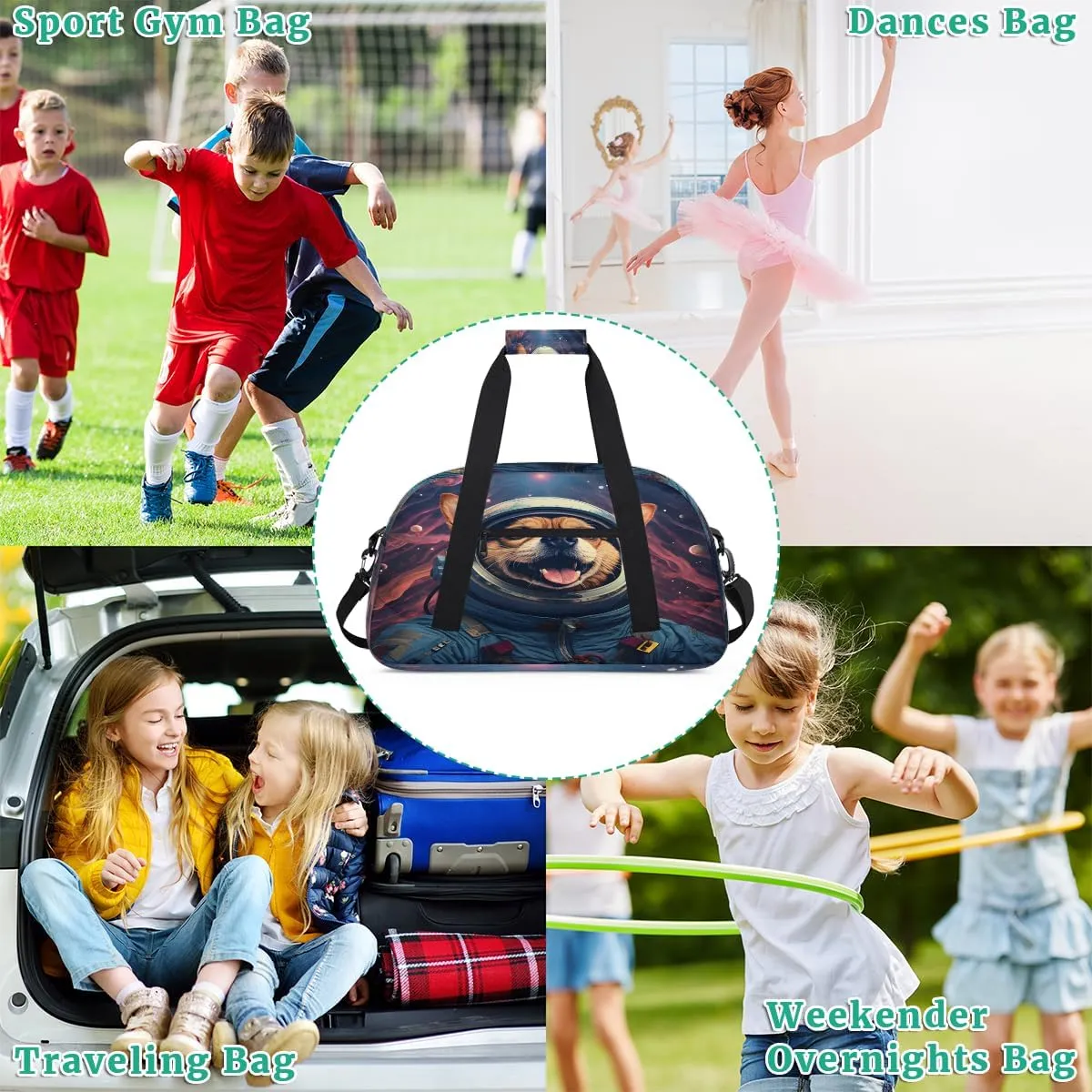 Cartoon Dog Print Kids Overnighter Duffel Bags for Boys, Carry-On Size Sports Gym Bag with Front Zipper Pocket for School Practice or Overnight Travel Weekender Sleepover Tote Bag