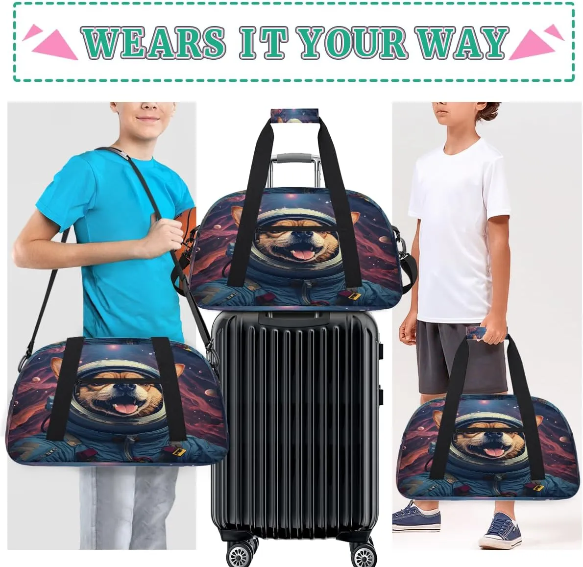 Cartoon Dog Print Kids Overnighter Duffel Bags for Boys, Carry-On Size Sports Gym Bag with Front Zipper Pocket for School Practice or Overnight Travel Weekender Sleepover Tote Bag