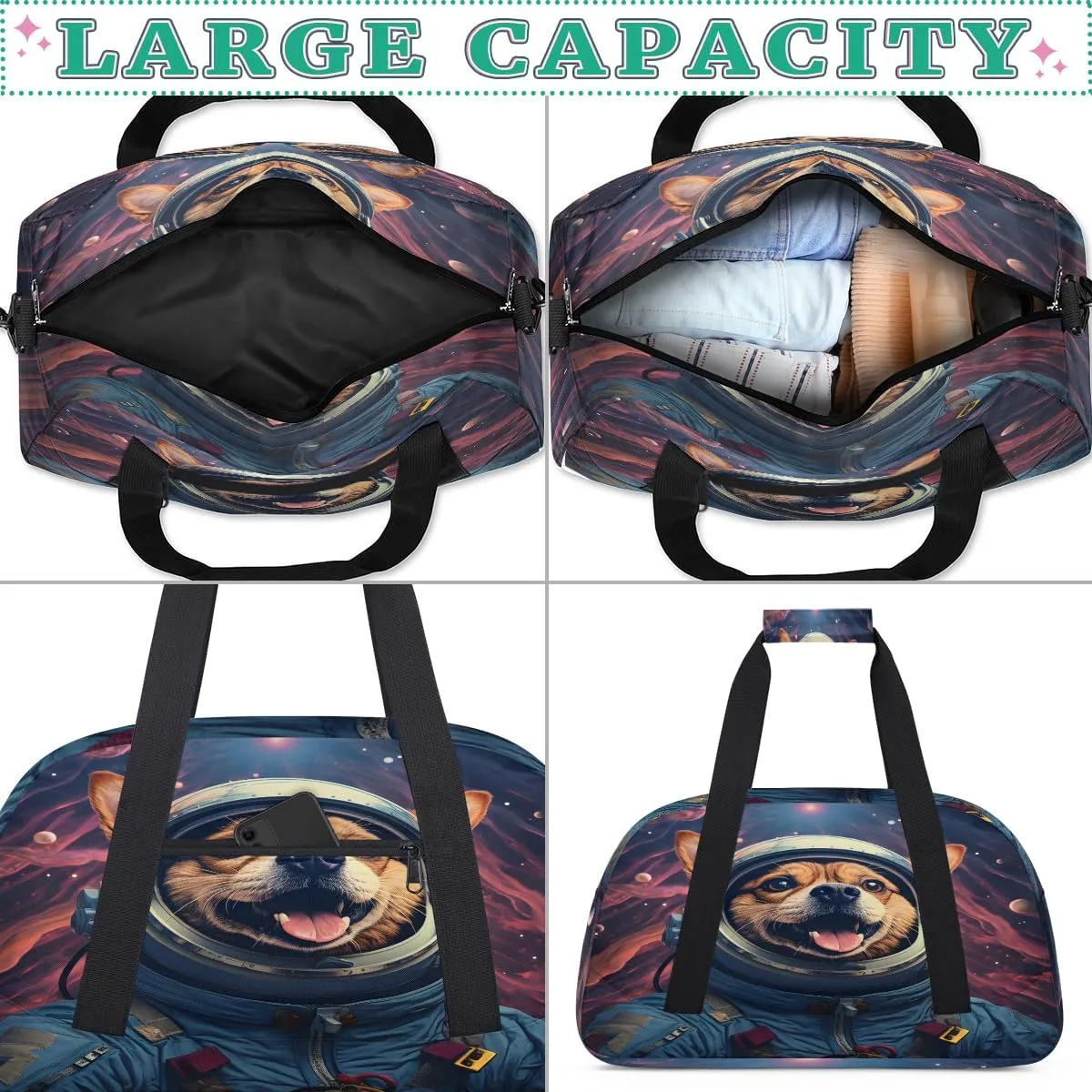 Cartoon Dog Print Kids Overnighter Duffel Bags for Boys, Carry-On Size Sports Gym Bag with Front Zipper Pocket for School Practice or Overnight Travel Weekender Sleepover Tote Bag