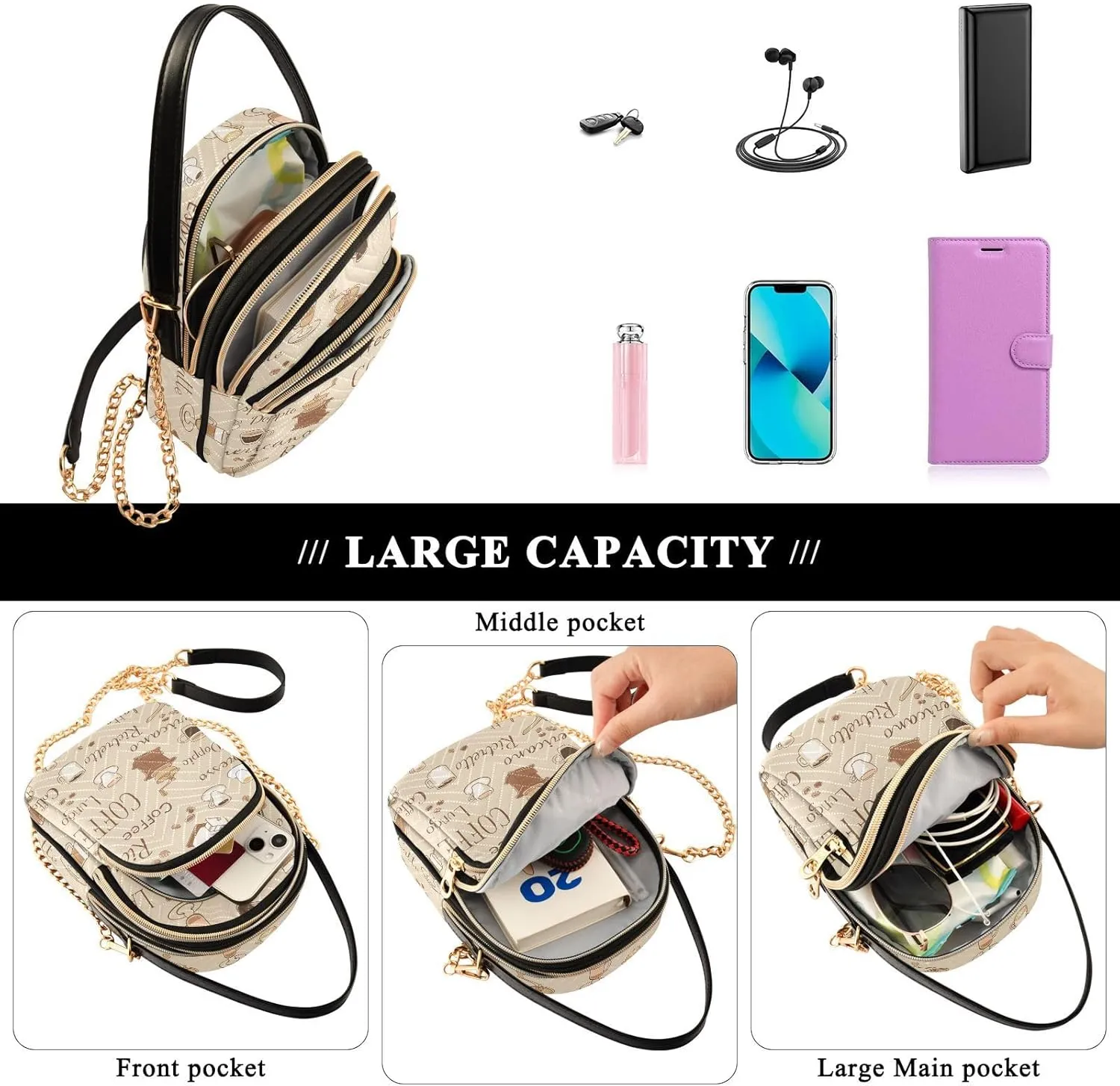 Cartoon Easter Bunny and Eggs Cross Body Bags Triple Zip Small Handbag, Small Bags for Women