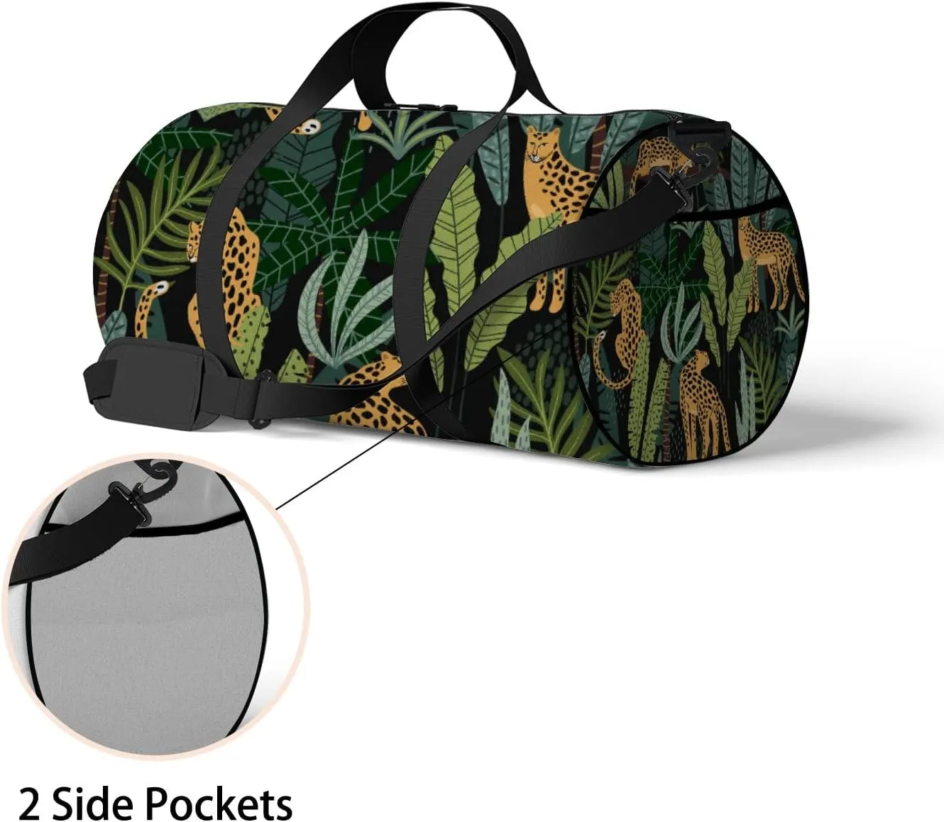 Cartoon Leopards Tropical Leaves Texture Sports Duffel Bag Travel Gym Tote Bags Lightweight Durable Shoulder Strap Waterproof Polyester Outside Mesh Pocket Overnight Trip Duffel Bag for Women Men