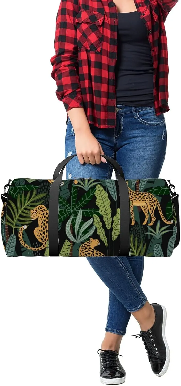 Cartoon Leopards Tropical Leaves Texture Sports Duffel Bag Travel Gym Tote Bags Lightweight Durable Shoulder Strap Waterproof Polyester Outside Mesh Pocket Overnight Trip Duffel Bag for Women Men