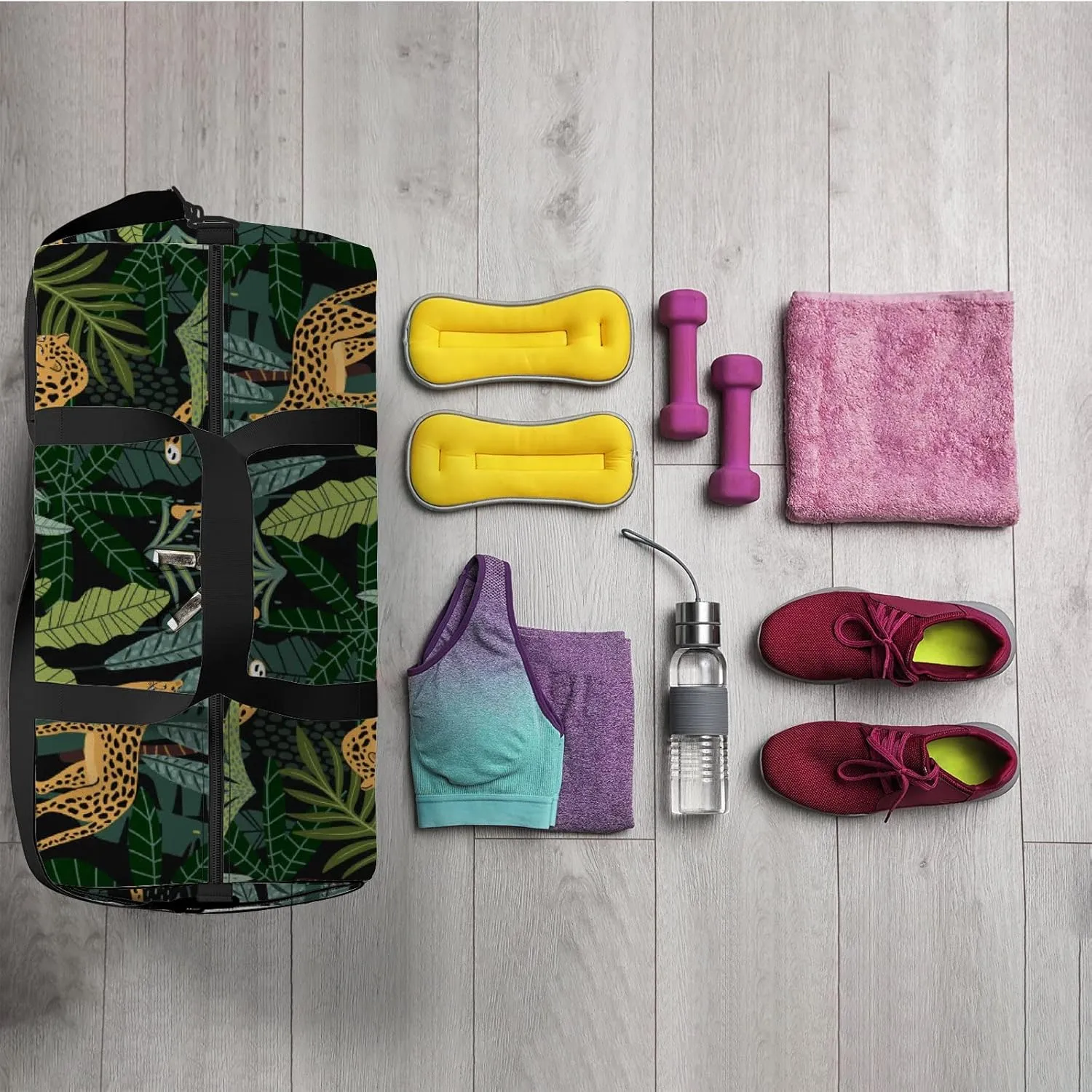 Cartoon Leopards Tropical Leaves Texture Sports Duffel Bag Travel Gym Tote Bags Lightweight Durable Shoulder Strap Waterproof Polyester Outside Mesh Pocket Overnight Trip Duffel Bag for Women Men