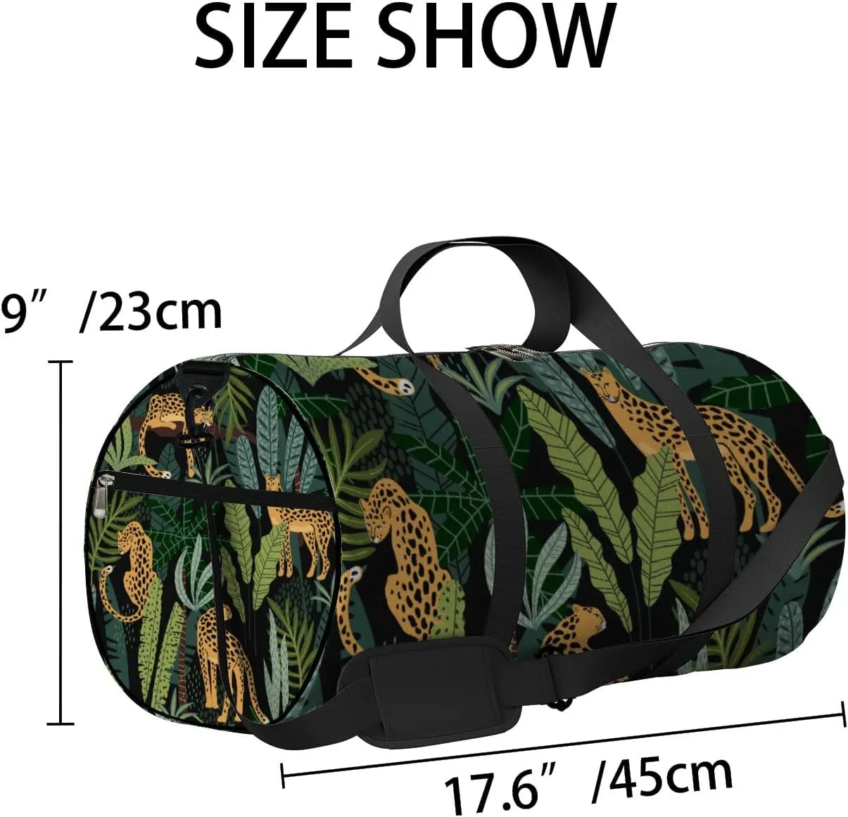 Cartoon Leopards Tropical Leaves Texture Sports Duffel Bag Travel Gym Tote Bags Lightweight Durable Shoulder Strap Waterproof Polyester Outside Mesh Pocket Overnight Trip Duffel Bag for Women Men