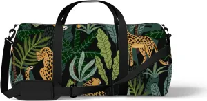 Cartoon Leopards Tropical Leaves Texture Sports Duffel Bag Travel Gym Tote Bags Lightweight Durable Shoulder Strap Waterproof Polyester Outside Mesh Pocket Overnight Trip Duffel Bag for Women Men