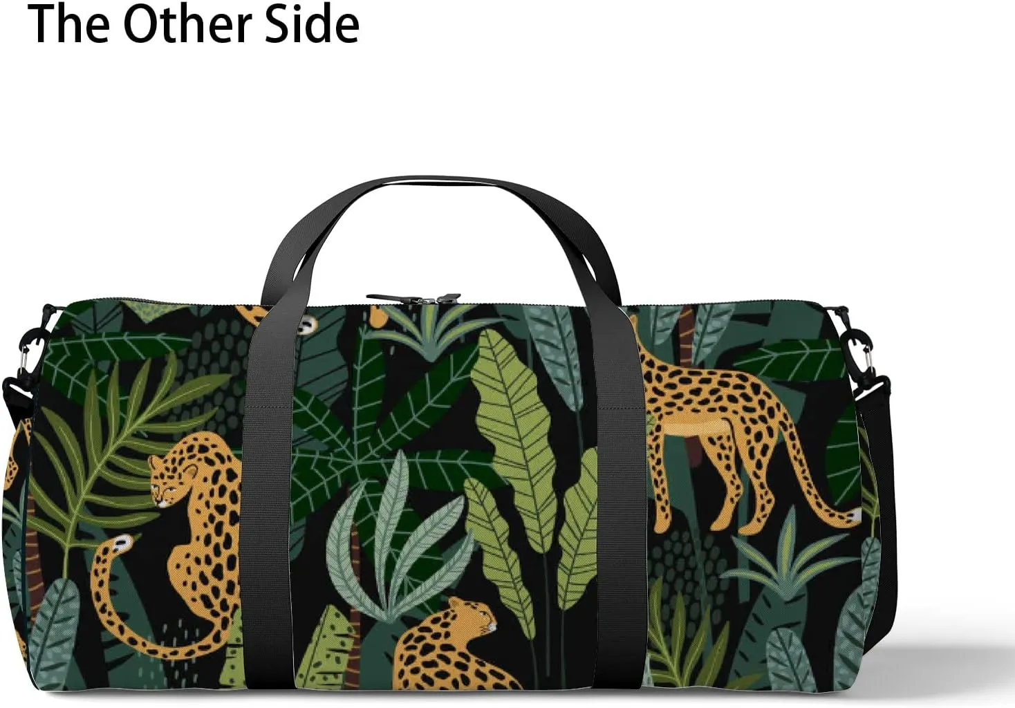 Cartoon Leopards Tropical Leaves Texture Sports Duffel Bag Travel Gym Tote Bags Lightweight Durable Shoulder Strap Waterproof Polyester Outside Mesh Pocket Overnight Trip Duffel Bag for Women Men