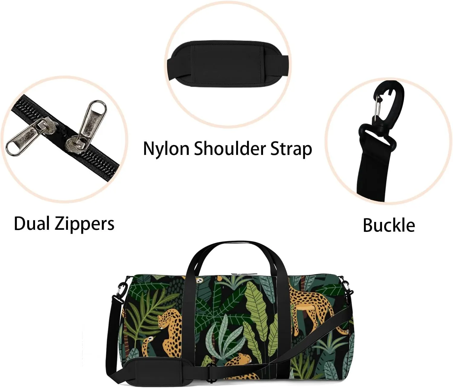 Cartoon Leopards Tropical Leaves Texture Sports Duffel Bag Travel Gym Tote Bags Lightweight Durable Shoulder Strap Waterproof Polyester Outside Mesh Pocket Overnight Trip Duffel Bag for Women Men
