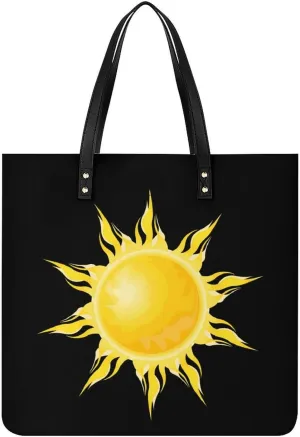 Cartoon Sun Sunshine Leather Tote Bags Casual Shoulder Handbag Purses Portable Shopping Bag for Men Women