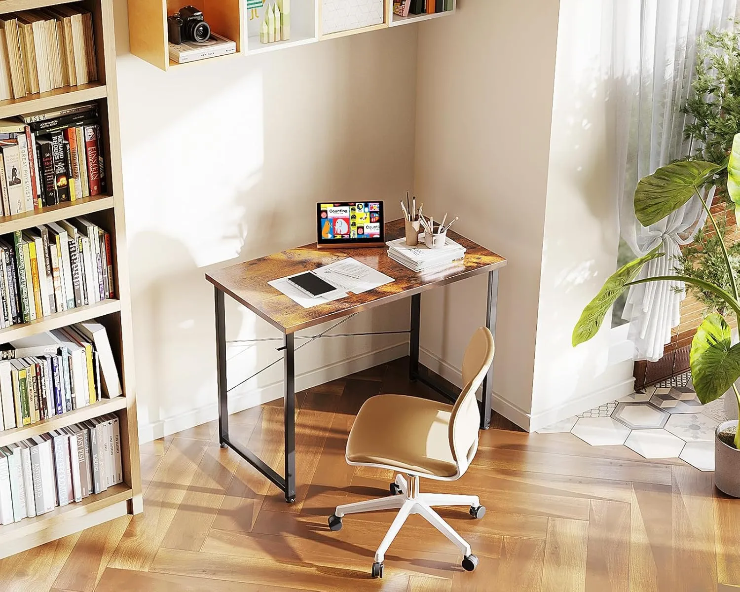 Casaottima 32 Inch Small Computer Desk for Home Office, Study Writing Table for Small Spaces, Simple Modern Desk with Headphone Hooks, Rustic Brown