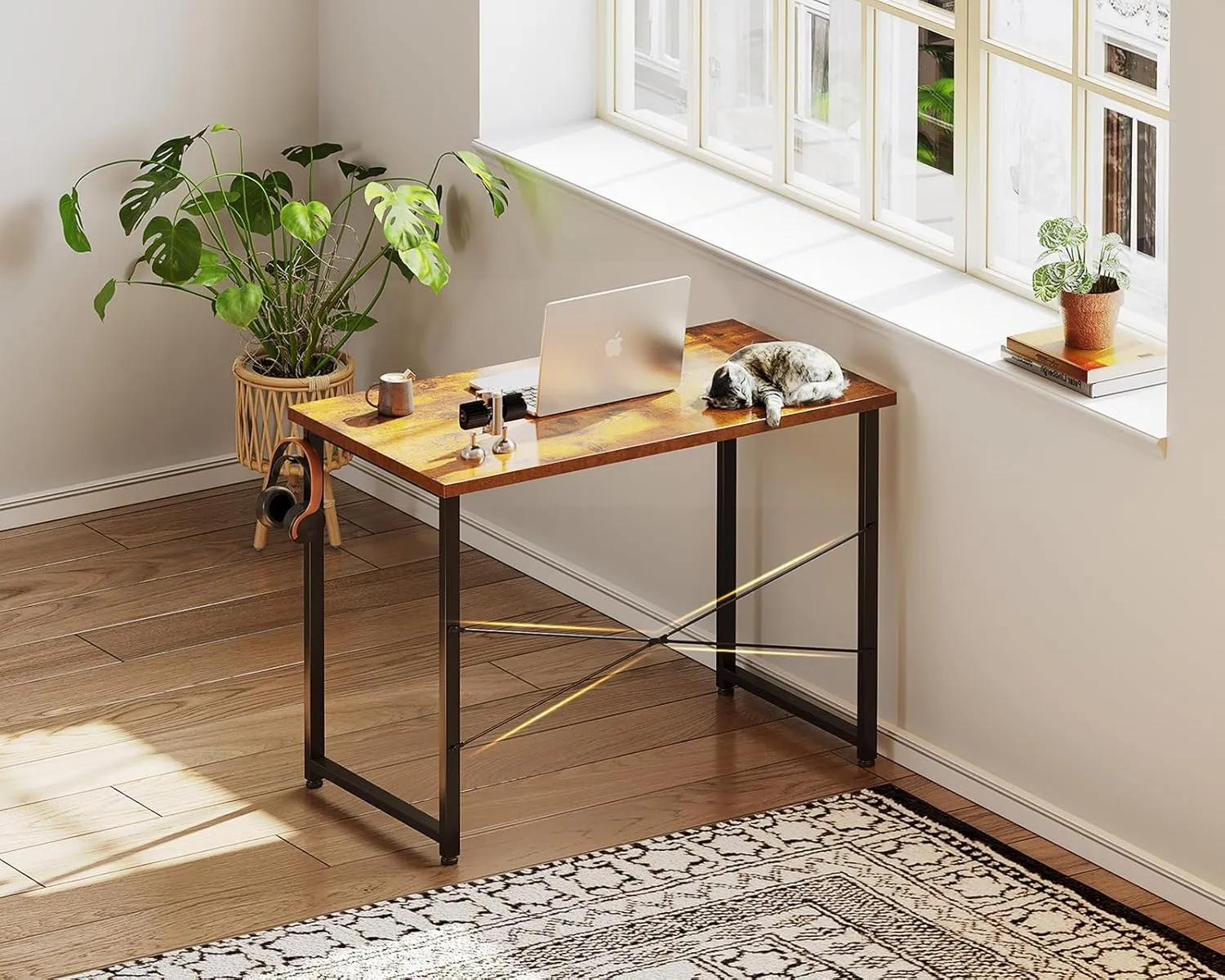 Casaottima 32 Inch Small Computer Desk for Home Office, Study Writing Table for Small Spaces, Simple Modern Desk with Headphone Hooks, Rustic Brown