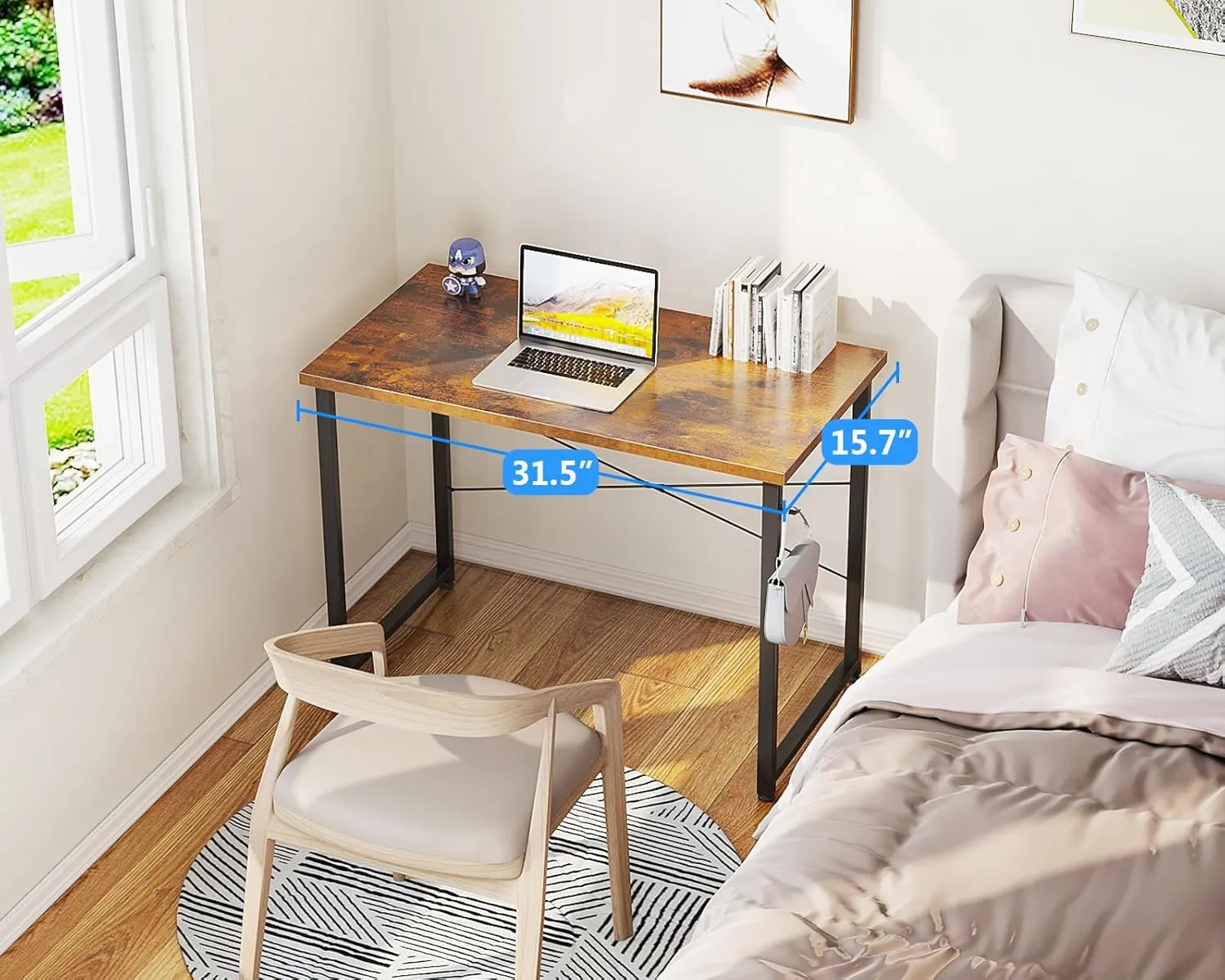 Casaottima 32 Inch Small Computer Desk for Home Office, Study Writing Table for Small Spaces, Simple Modern Desk with Headphone Hooks, Rustic Brown