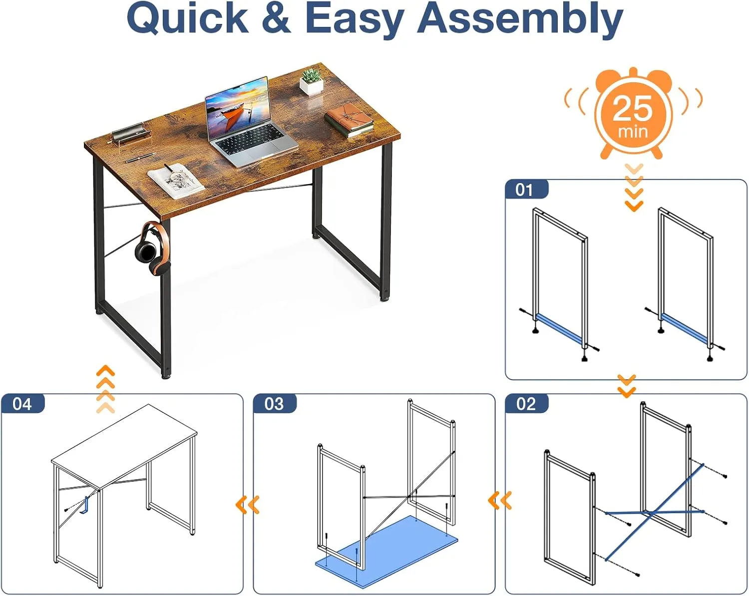 Casaottima 32 Inch Small Computer Desk for Home Office, Study Writing Table for Small Spaces, Simple Modern Desk with Headphone Hooks, Rustic Brown