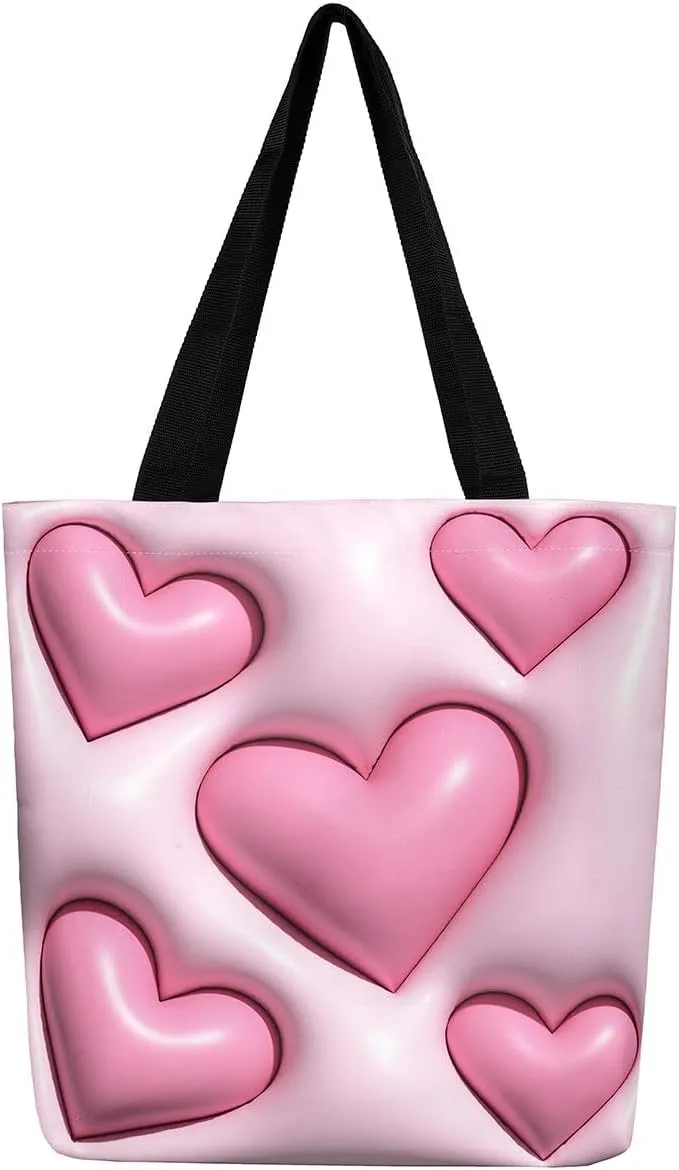 Castle Fairy Princess Canvas Tote Bag, 3D Geometry Pink Aesthetic Shoulder Handbags,Cartoon Animals Tote Bag Reusable Handbag