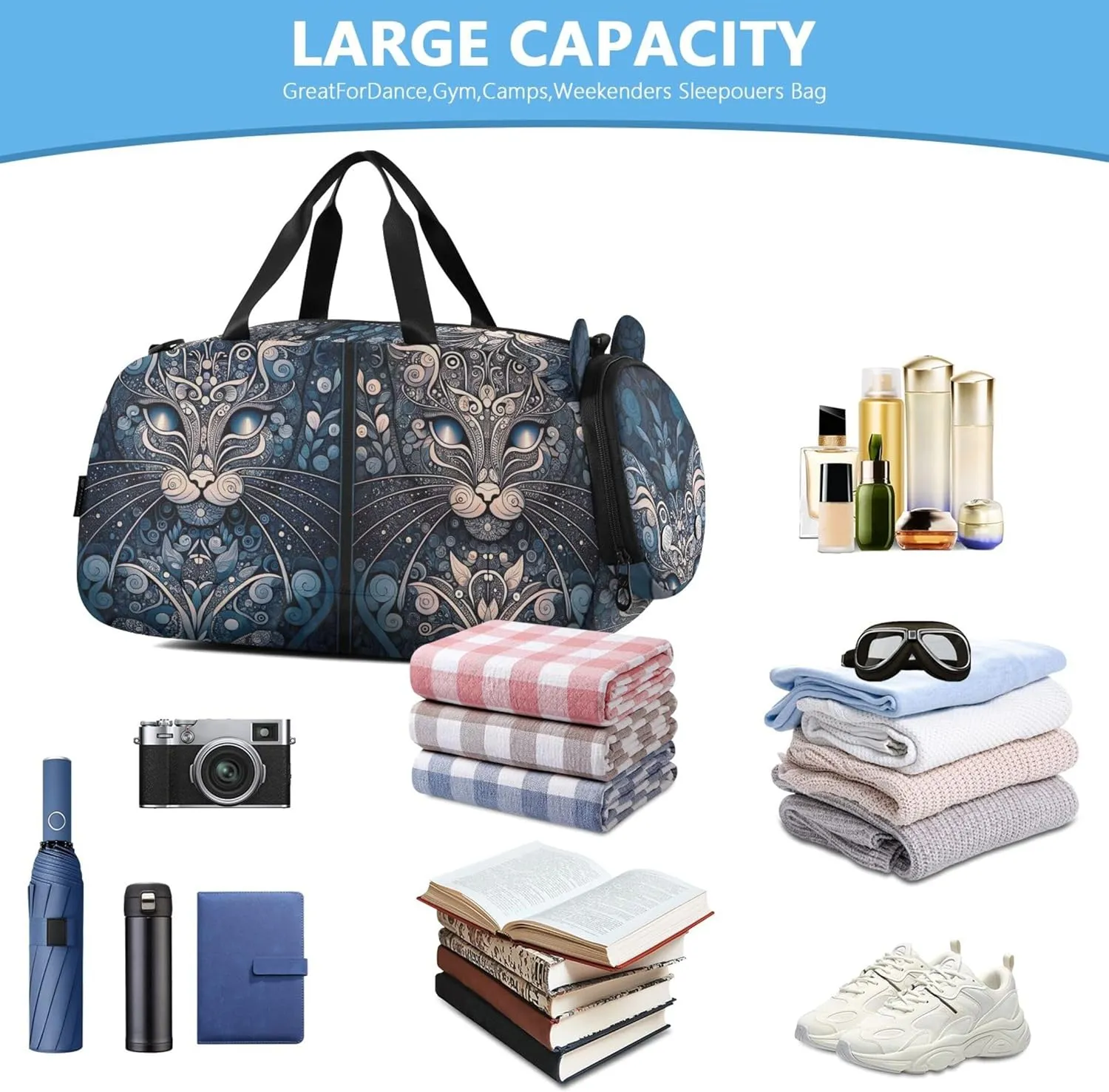 Cat Shape Travel Duffle Bags Girls Tote Toddler Weekender Bags Carry on Duffel Bag Boys Shoe Compartment