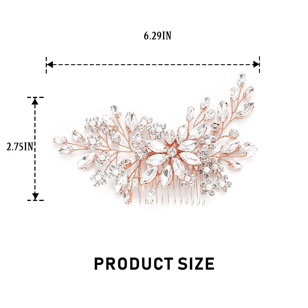 Catery Crystal Bridal Hair Comb Rose Gold Rhinestones Hairpiece Flower Wedding Clips Accessoires for Brides and Women(Rose Gold)