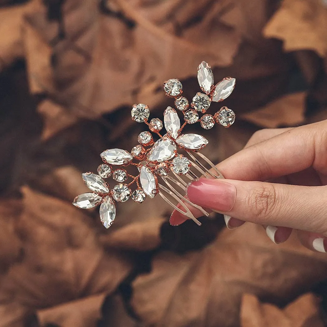 Catery Crystal Wedding Hair Comb Rose Gold Rhinestone Bridal Hairpieces Bridesmiad Clips Accessories for Brides and Women (Rose Gold)