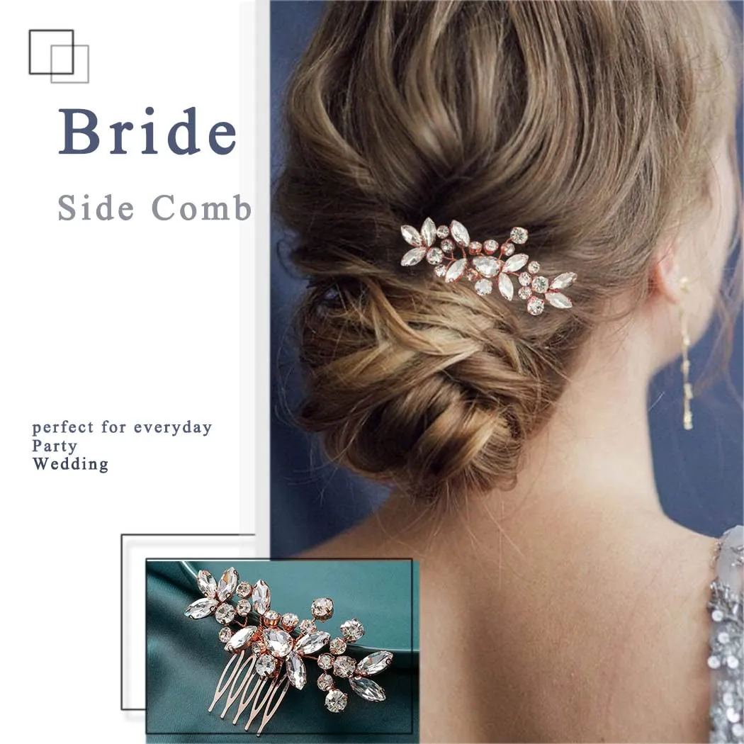 Catery Crystal Wedding Hair Comb Rose Gold Rhinestone Bridal Hairpieces Bridesmiad Clips Accessories for Brides and Women (Rose Gold)