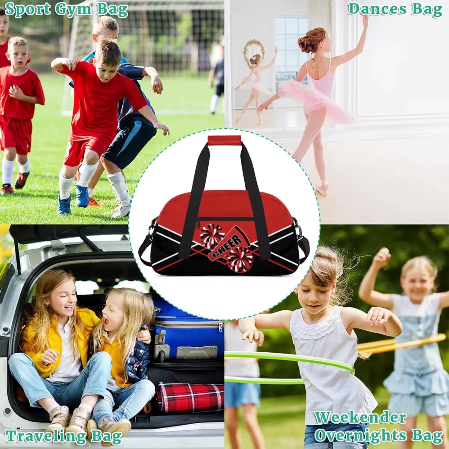 Cheer Duffel Bag Collapsible Sports Gym Bags Travel Weekender Overnight Bag for Kids Personalized Gymnastics Sleepover Bag Black Red