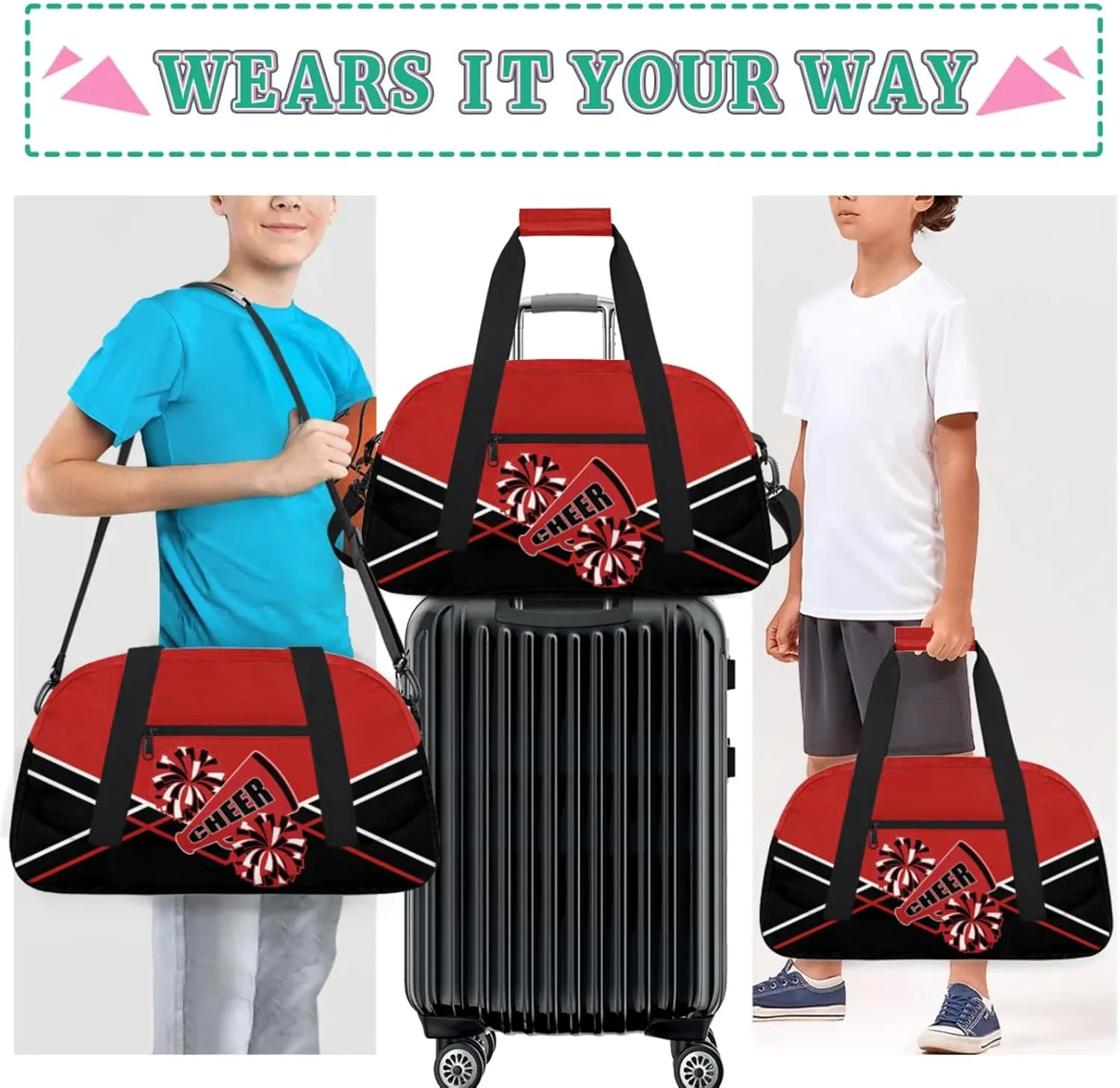 Cheer Duffel Bag Collapsible Sports Gym Bags Travel Weekender Overnight Bag for Kids Personalized Gymnastics Sleepover Bag Black Red