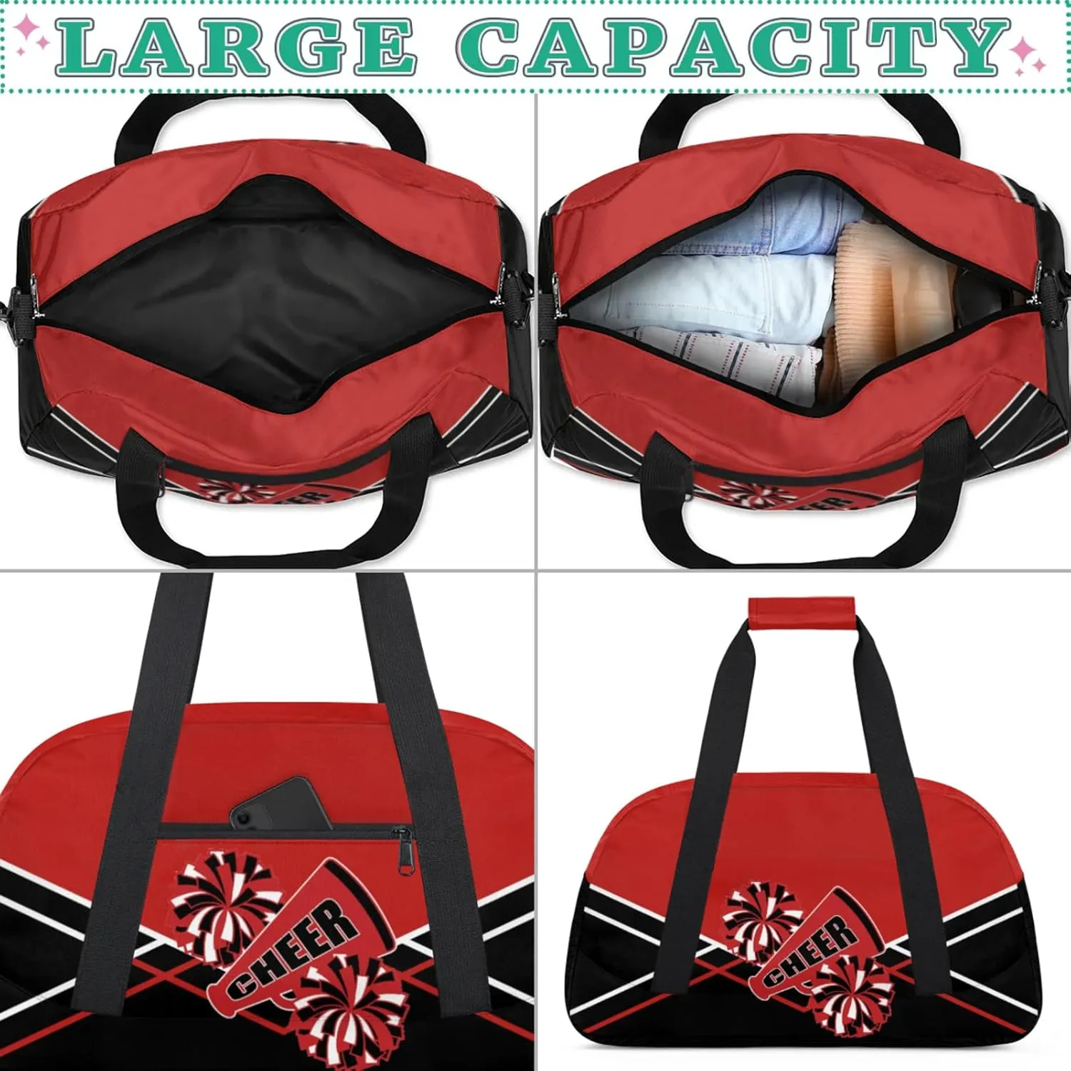 Cheer Duffel Bag Collapsible Sports Gym Bags Travel Weekender Overnight Bag for Kids Personalized Gymnastics Sleepover Bag Black Red