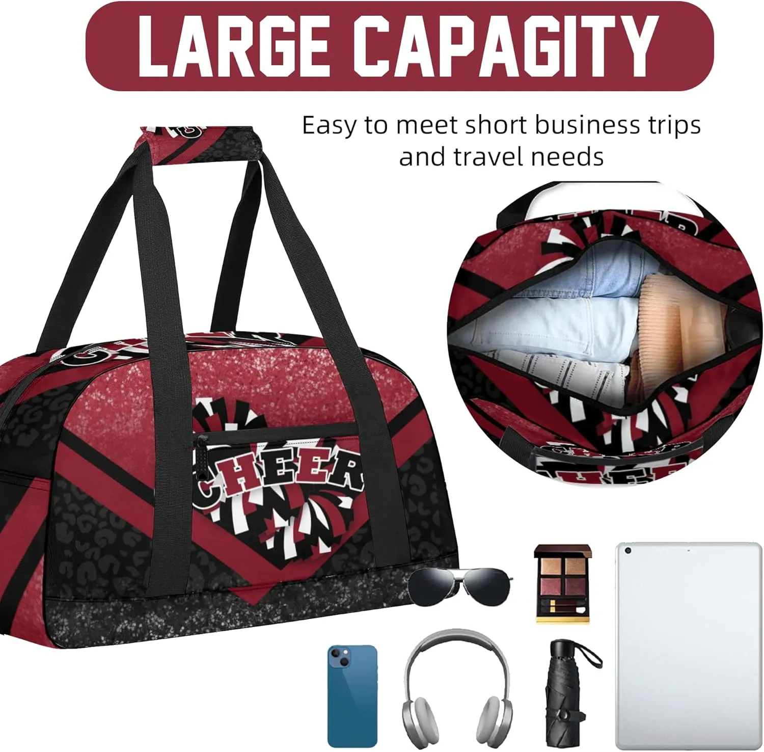 Cheer Duffle Bag for Cheerleaders, Cheerleading Gym Bag for Women, Carry on Weekender Bags, Travel Bag Duffel Bag (Winered&Black)