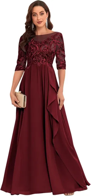 Chiffon Lace Mother of The Bride Dresses for Women Long Elegant Ruffle Formal Evening Gown with Sleeves