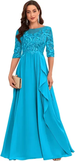 Chiffon Lace Mother of The Bride Dresses for Women Long Elegant Ruffle Formal Evening Gown with Sleeves