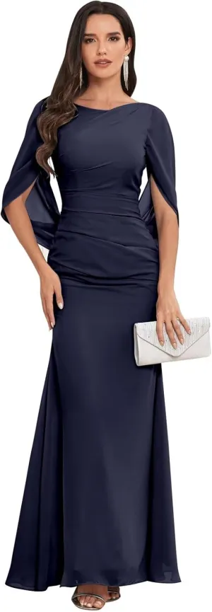 Chiffon Mermaid Mother of The Bride Dresses for Women Long Cape Sleeve Elegant Formal Evening Dress