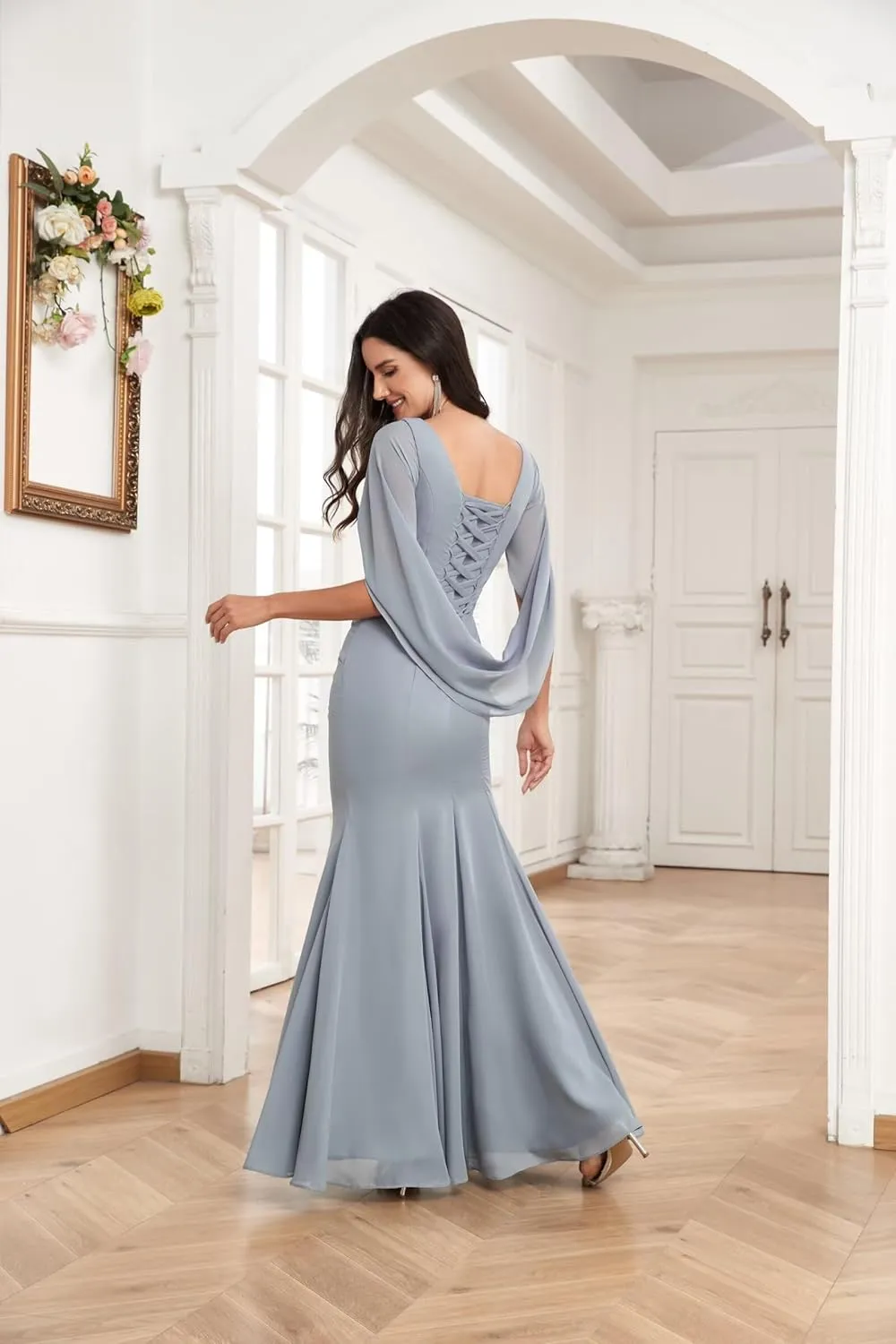 Chiffon Mermaid Mother of The Bride Dresses for Women Long Cape Sleeve Elegant Formal Evening Dress