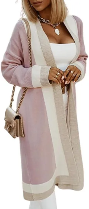 chouyatou Women's Fall Color Block Open Front Cardigan Sweater Casual Loose Knitted Long Coatigan Coat