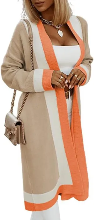 chouyatou Women's Fall Color Block Open Front Cardigan Sweater Casual Loose Knitted Long Coatigan Coat
