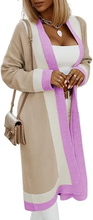 chouyatou Women's Fall Color Block Open Front Cardigan Sweater Casual Loose Knitted Long Coatigan Coat