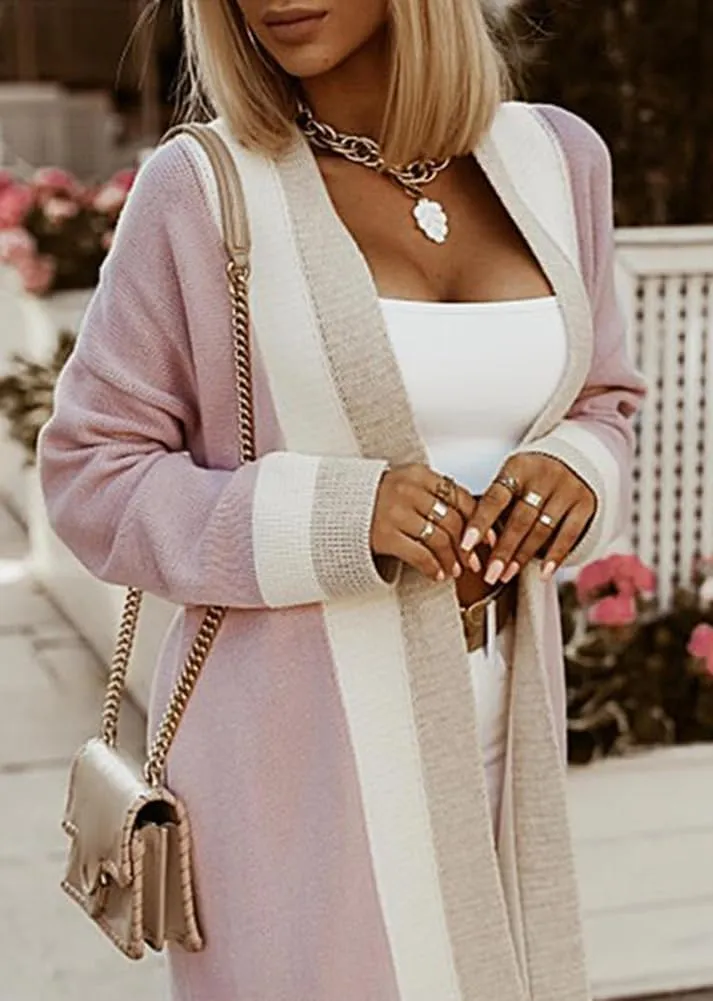 chouyatou Women's Fall Color Block Open Front Cardigan Sweater Casual Loose Knitted Long Coatigan Coat