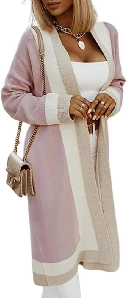 chouyatou Women's Fall Color Block Open Front Cardigan Sweater Casual Loose Knitted Long Coatigan Coat
