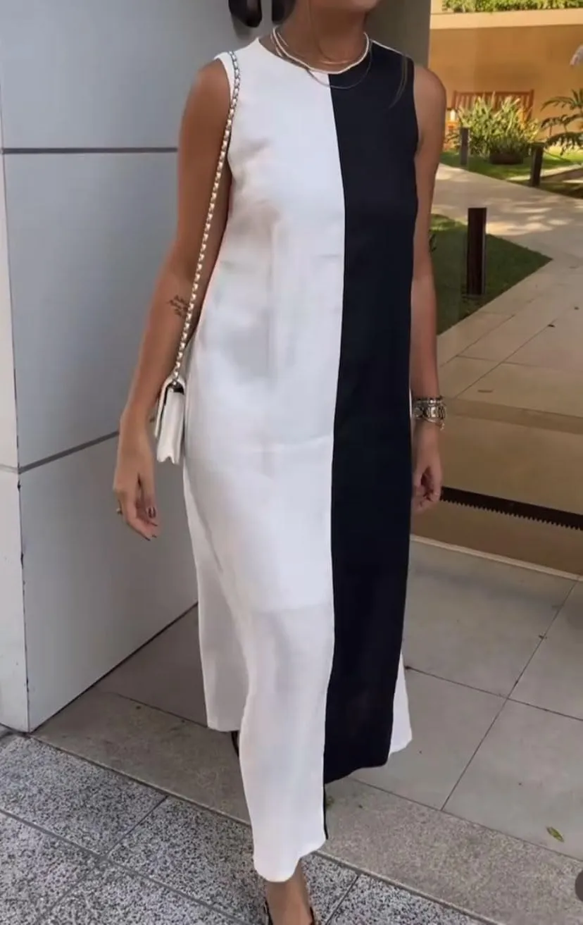 chouyatou Women's Summer Contrast Color Sleeveless Maxi Dress Back Button Down Cotton Linen Beach Tank Long Dress
