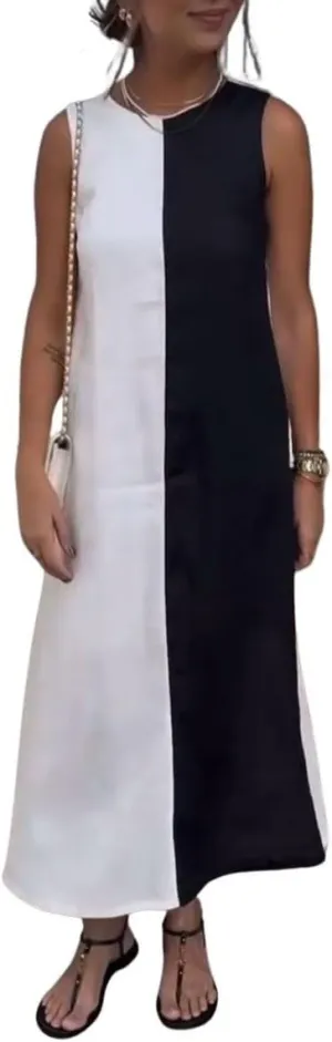 chouyatou Women's Summer Contrast Color Sleeveless Maxi Dress Back Button Down Cotton Linen Beach Tank Long Dress
