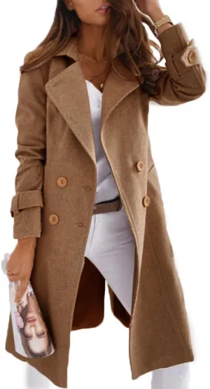chouyatou Women's Winter Double Breasted Notch Lapel Wool Coat Business Casual Midi Long Wool Blend Overcoat