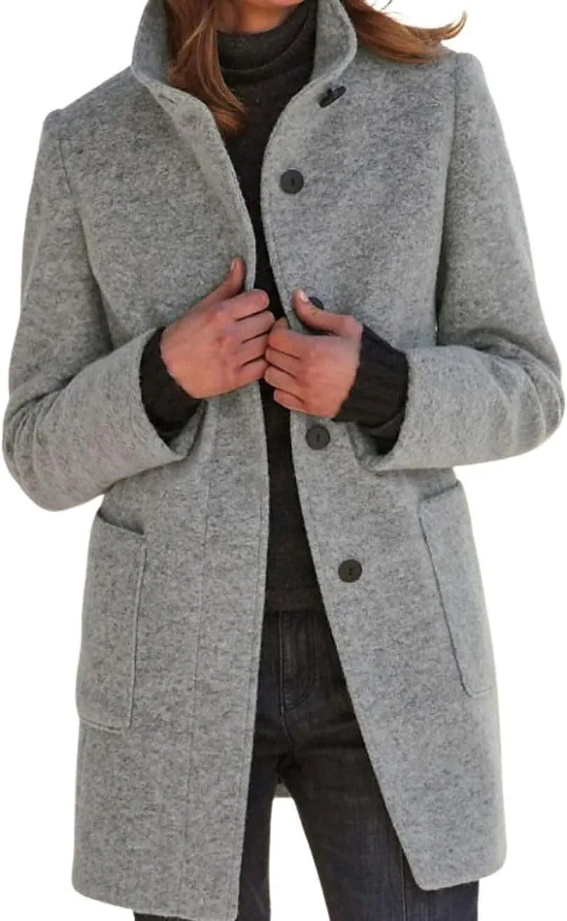 chouyatou Women's Winter Single Breasted Stand Collar Wool Coat Business Casual Wool Blend Overcoat