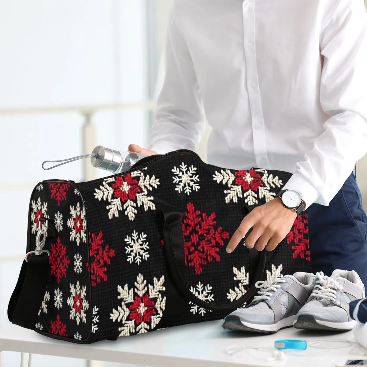 Christmas Day Travel Duffle Bag for Women Men Gym Duffel Foldable Bag Waterproof Weekender Red White Snowflake Duffle Tote