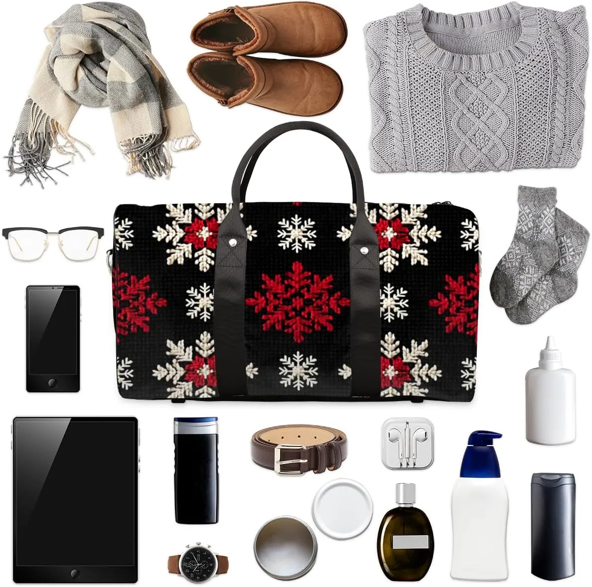 Christmas Day Travel Duffle Bag for Women Men Gym Duffel Foldable Bag Waterproof Weekender Red White Snowflake Duffle Tote