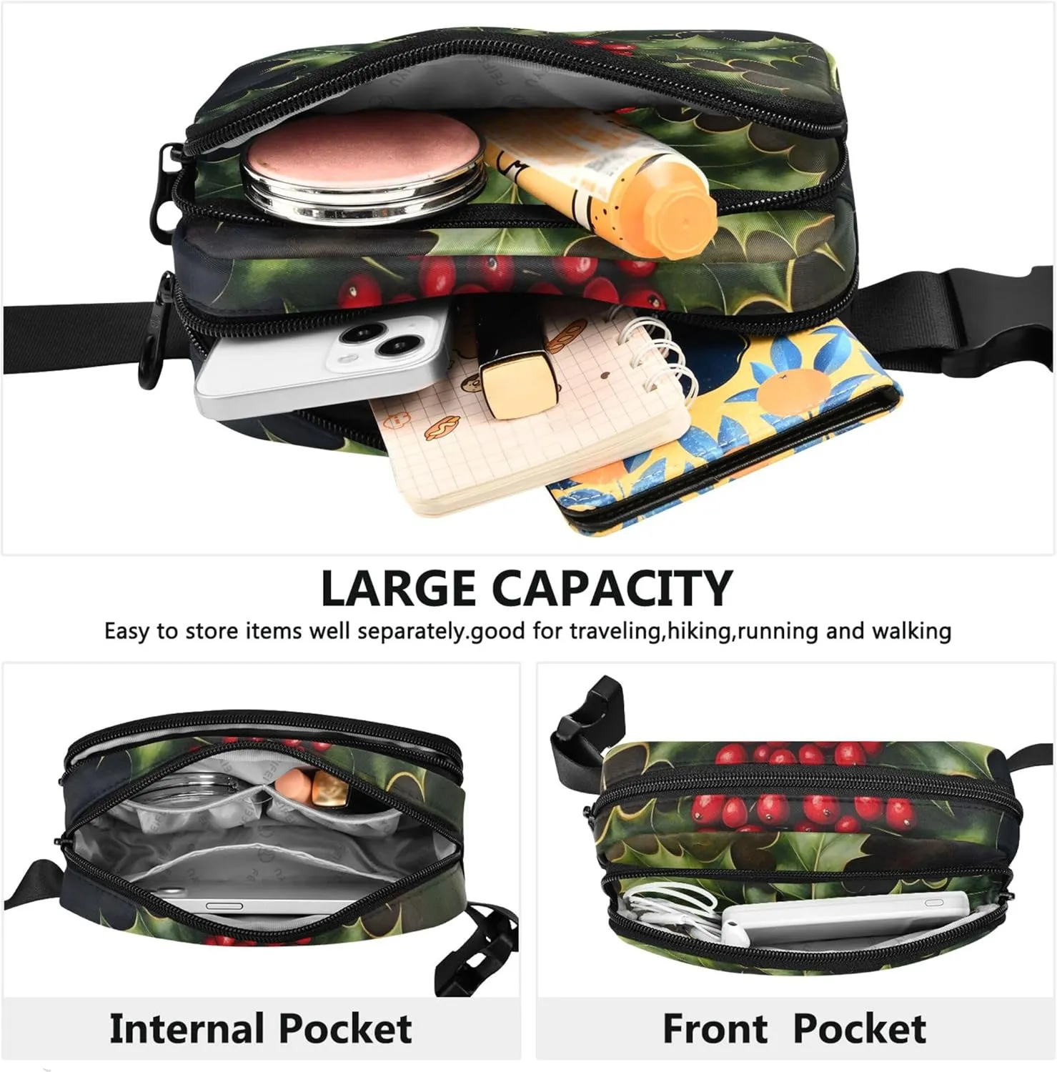 Christmas Holly Women Fanny Pack Waterproof Hip Pouch Belt Bag Designer Crossbody Waist Bag
