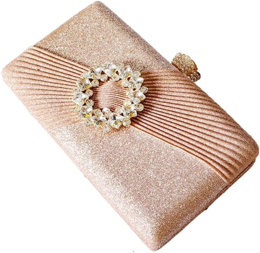 Classy Pleated Clutch Purse Simple Crystal Brooch Decorated Evening Bag Formal Occasion Casual Party Purse for Women