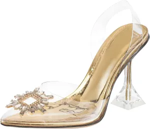 Clear Heels For Women,Crystal Rhinestones Slingback Wedding Shoes,Pointed Toe High Heel Womens Sandals