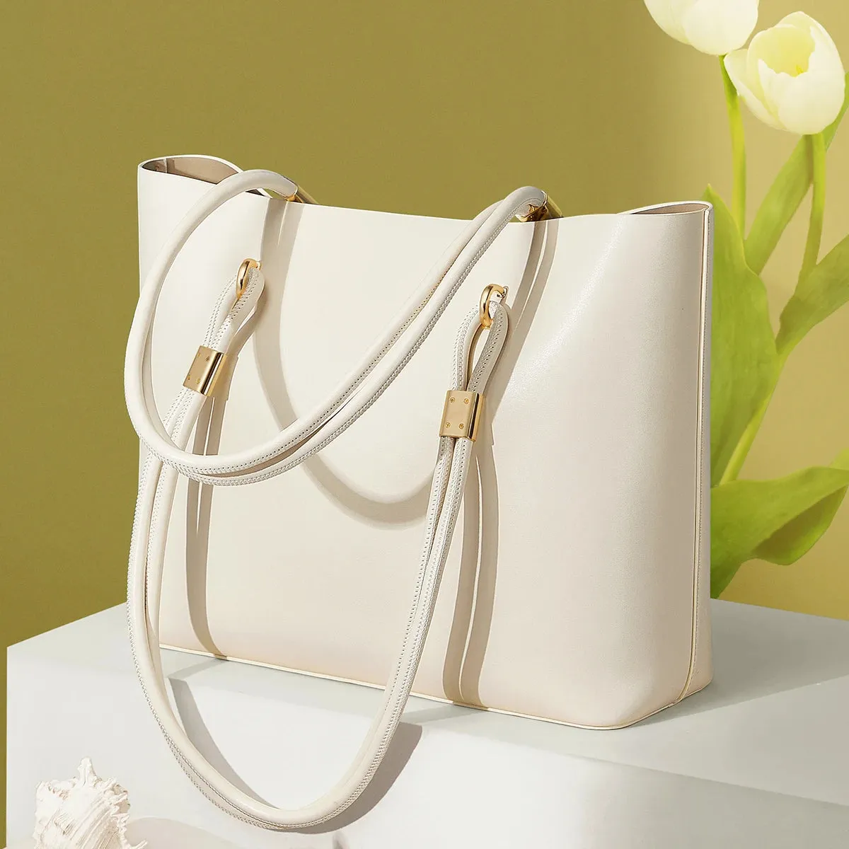 Cleopatra Leather Handbag Tote Bag for Women - Beige/Black - One Size
