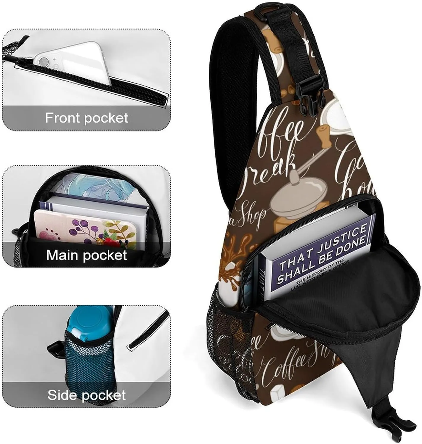 Coffee Theme Sling Backpack, Crossbody Shoulder Bag, Chest Bags for Outdoor Travel Fitness, 38x20cm, Style
