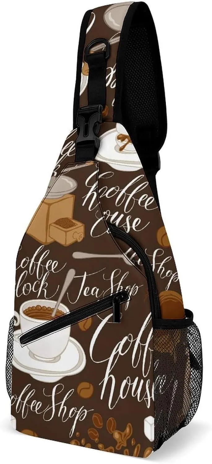 Coffee Theme Sling Backpack, Crossbody Shoulder Bag, Chest Bags for Outdoor Travel Fitness, 38x20cm, Style
